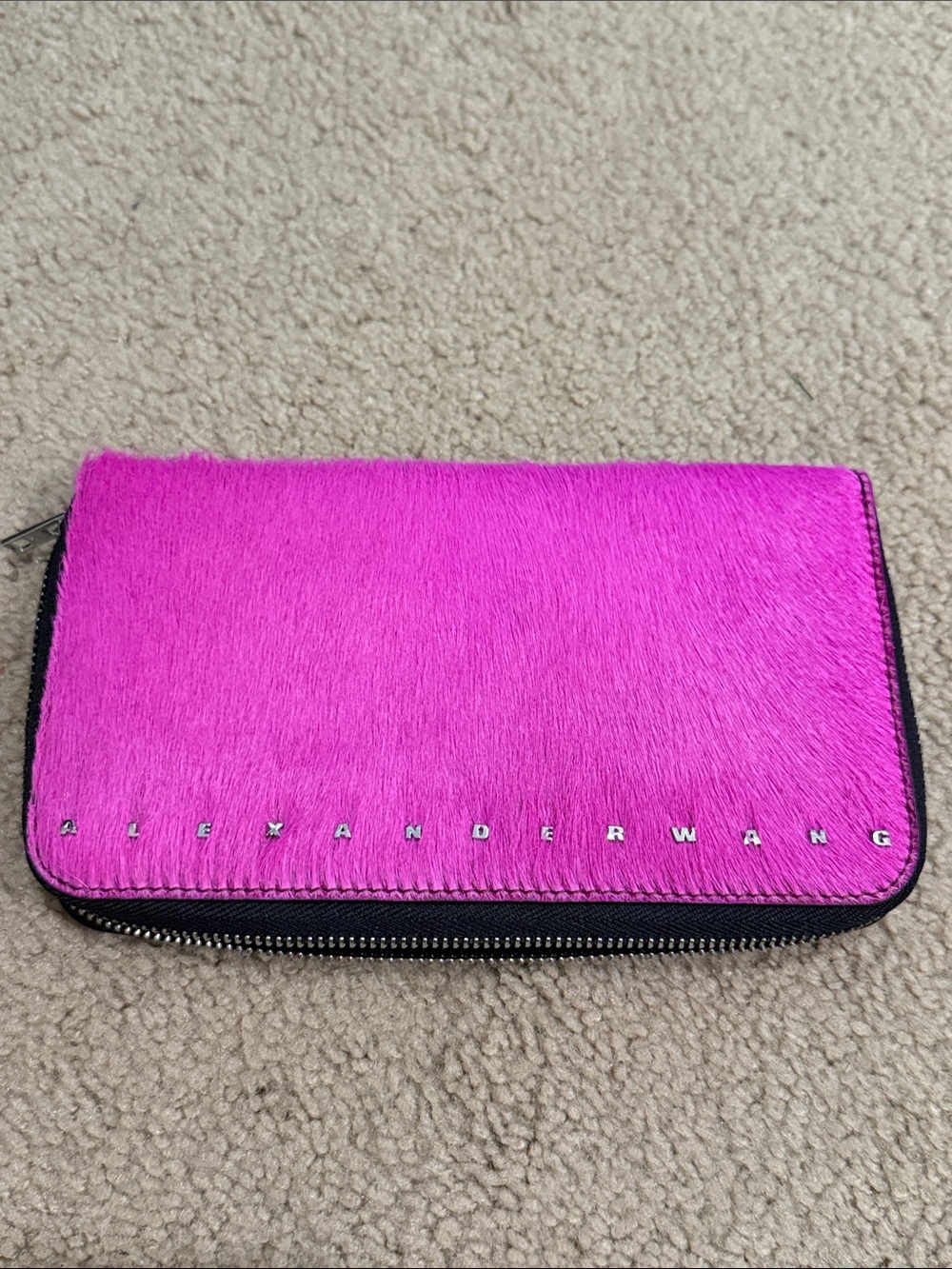 Alexander Wang Fuchsia Haircalf Zip Wallet with Brushed Metal Logo